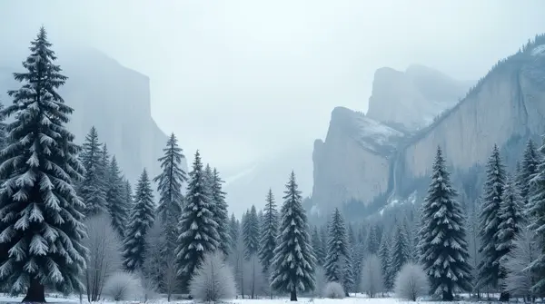 Frost Covered Trees Amid Rugged Peaks Under Soft Light
