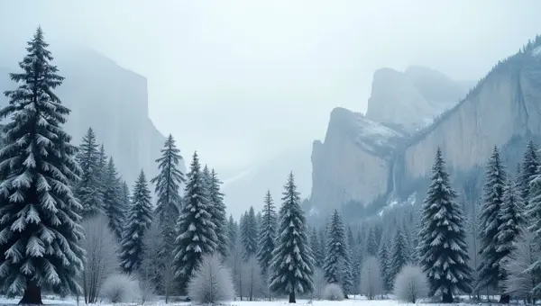 Frost Covered Trees Amid Rugged Peaks Under Soft Light