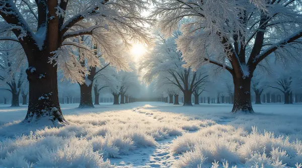 Low angle view of trees with frost covered ground showing texture and natural patterns