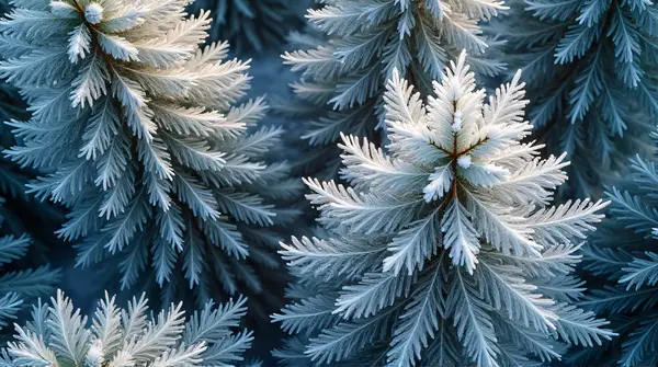 Top-down view of frost-covered conifer branches with delicate patterns and soft shadows