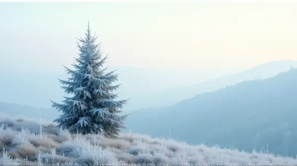 Frosted Conifer On Gentle Slope Under Pale Sky