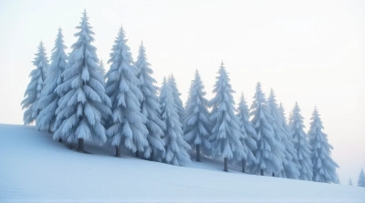Frosted Conifer Trees On Sloping Hill