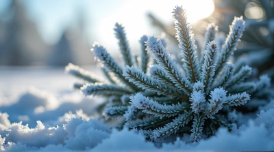 Frosted Evergreen Branches With Ice Crystals
