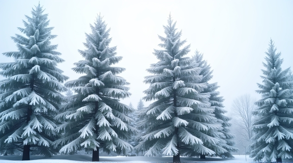 Close-up low-angle view of frosted evergreen trees with detailed needles against a pale sky.
