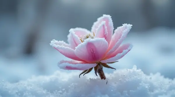 A frost-covered flower on a thin stem surrounded by icy surroundings with delicate crystalline details.