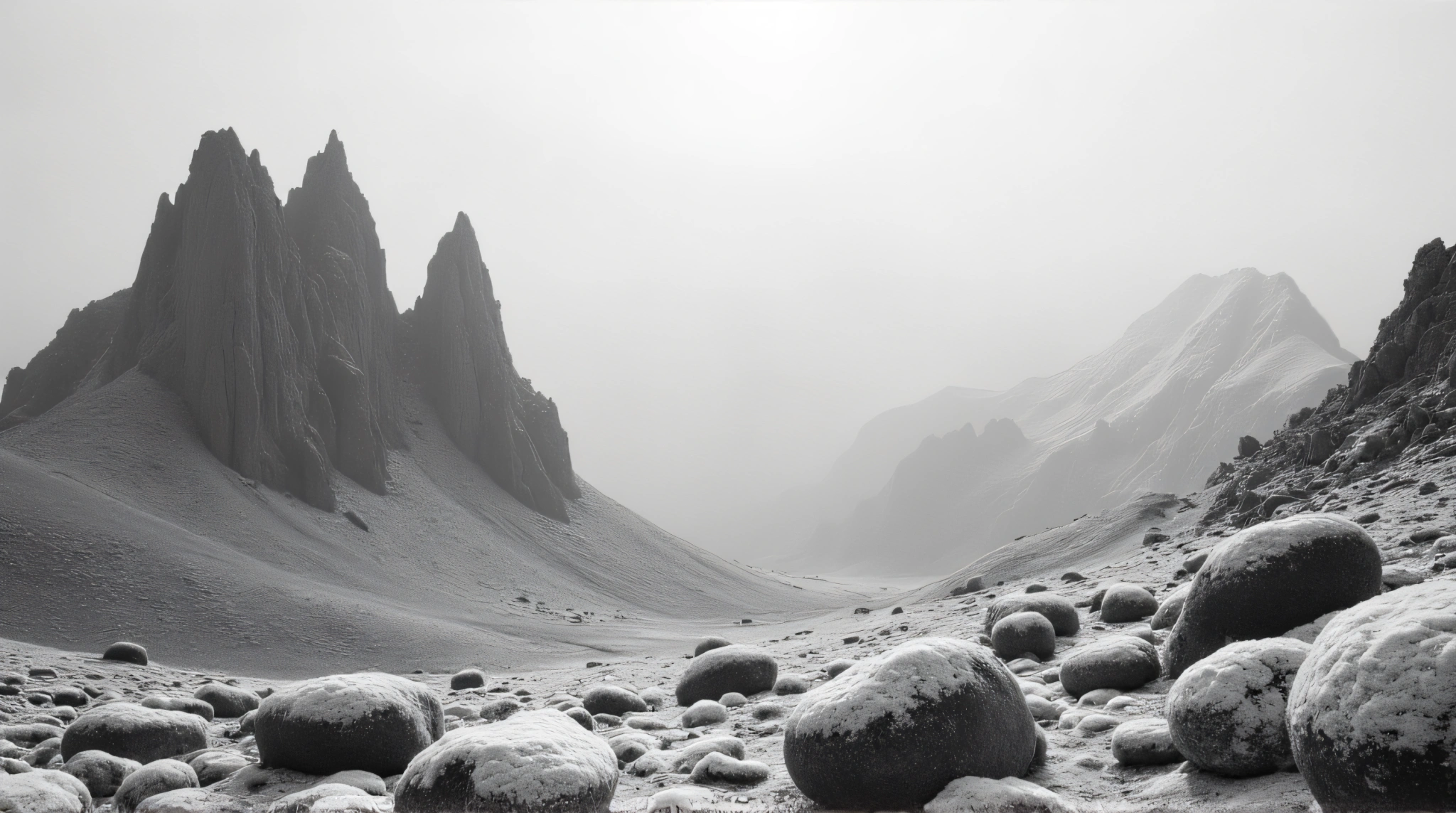 Frosted High Altitude Rocky Terrain In Monochrome