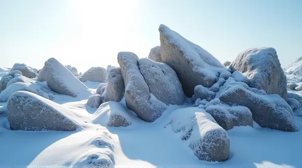 Jagged rocks with fresh white frost and sharp shadows highlighting rugged textures under a bright sky