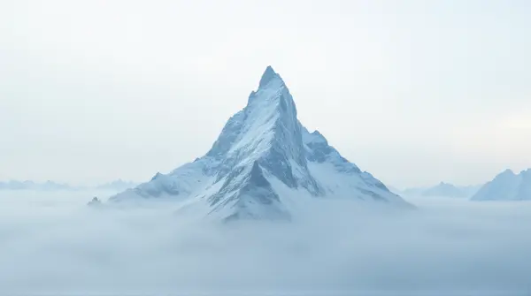Jagged frost-covered summit rises sharply through mist and pale sky near distant ridges