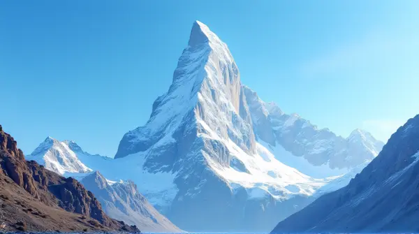 A tall peak covered in white frost beneath a clear blue sky with rocky slopes around.