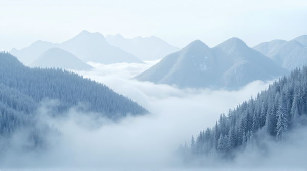Towering ridges covered in white frost and surrounded by swirling mist, showing depth and layered formations.