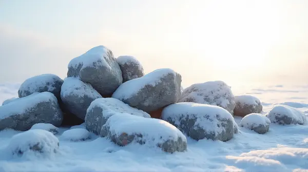 Cluster of rugged stones covered in white frost with soft shadows and pale sky background
