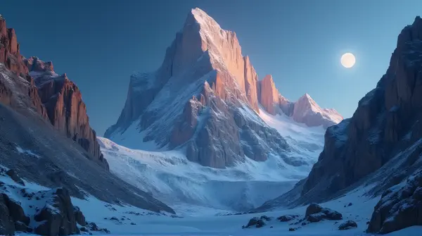 Low-angle view of a frost-covered mountain peak with rugged icy cliffs glowing softly in moonlight