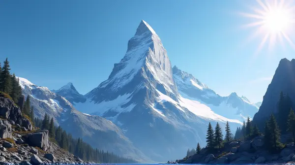 A tall peak covered in white frost beneath a clear blue sky, surrounded by rocky outcrops and conifer trees.