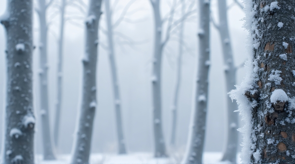 Close-up of tall tree trunks coated in white frost with icy crystals on bark under a gray sky