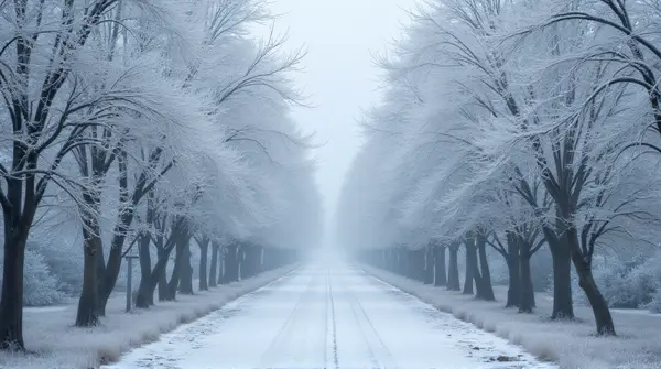 Ground level view of a pathway lined with frost-covered leafless trees showing detailed branches and ground textures.