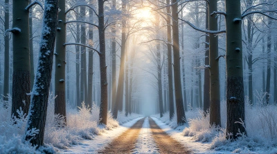 Frosted Trees With Sunlight Filtering Through Canopy