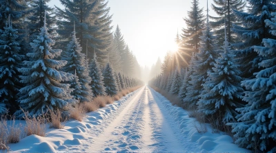 Frosty Evergreen Trail With Soft Daylight