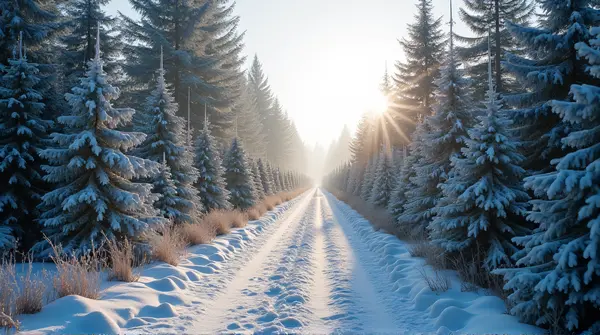 Frosty Evergreen Trail With Soft Daylight