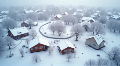 Frosty Homes With Winding Paths And Bare Trees