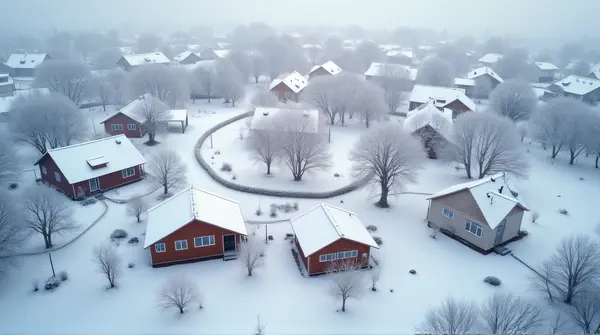 Frosty Homes With Winding Paths And Bare Trees