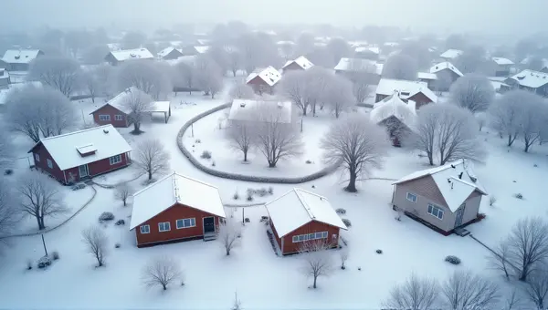 Frosty Homes With Winding Paths And Bare Trees
