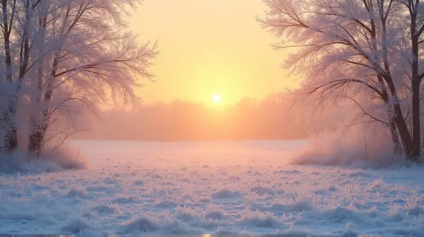 Wide frost-covered ground under a glowing orange sky framed by frosted branches in soft evening light.