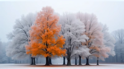 Frosty Trees With Colorful Autumn Leaves