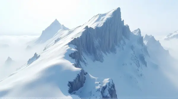 Overhead view of a frozen alpine summit with jagged cliffs and icy crevices under pale sky