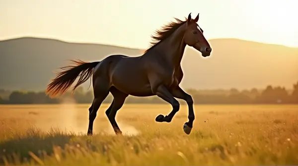 Black horse galloping energetically across a bright meadow with rolling hills in the distance.