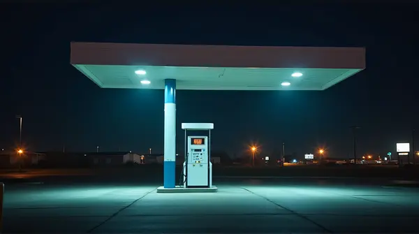 Gas Pump Station At Roadside With Lighting