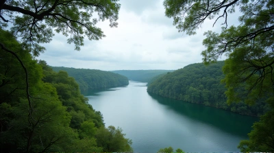 Gentle River Curving Along Dense Greenery Under Cloudy Sky