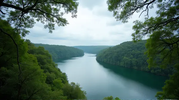 Wide-angle view of a gentle river bending beside dense green plants under an overcast sky.