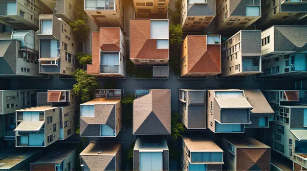 Bird's-eye perspective showing rooftops and facades arranged in a geometric pattern under soft natural light