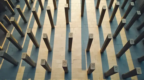 Top-down view of tall structures forming geometric patterns with shadows on the ground
