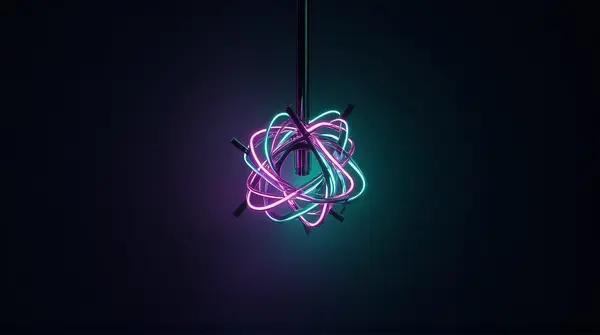 Close-up of a geometric light fixture with intertwined violet and emerald components against a dark minimalist backdrop.