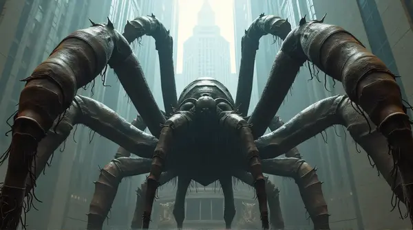 Low angle view of a giant spider sculpture with detailed legs on a tall structure