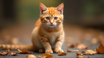 Ginger Cat On Chestnut Surface With Leaves