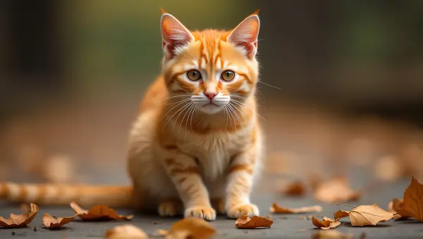 Ginger Cat On Chestnut Surface With Leaves