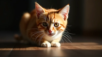 Ginger Cat Close-Up Sitting on Wood Surface
