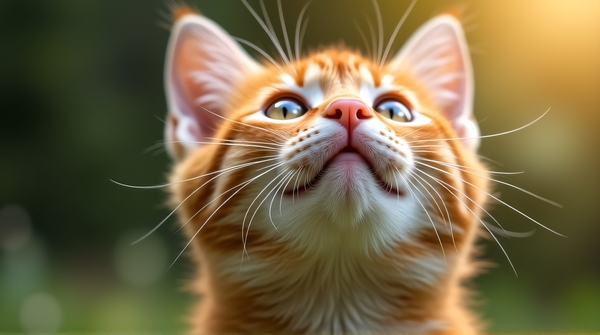 Macro image of a ginger cat gazing upward showing detailed whiskers and textured fur in natural light.