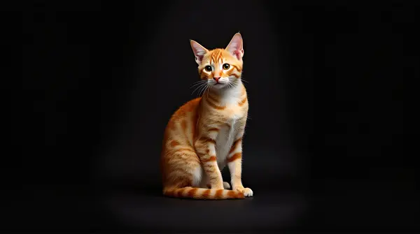 Ginger and cream cat sitting with attentive expression on dark background with soft lighting