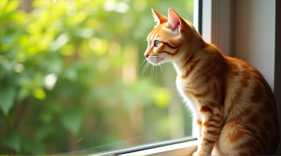 Ginger Cat On Windowsill With Green Foliage