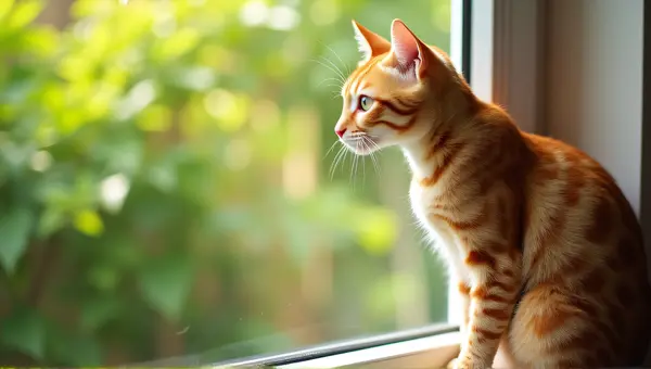 Ginger Cat On Windowsill With Green Foliage