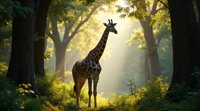 Giraffe Among Dense Foliage With Sunlit Shadows