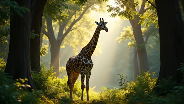 Giraffe Among Dense Foliage With Sunlit Shadows