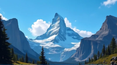 Glacier Summit With Alpine Trees And Cliffs
