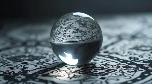 Clear glass ball resting on black and white patterned textile with soft reflected light