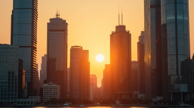 Glass Steel Towers Vertical Lines Amber Sky