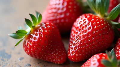Glossy Red Strawberries Clustered With Leaves
