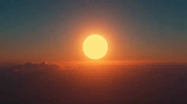 A glowing amber orb suspended in the twilight sky with soft light over a serene horizon and wispy clouds nearby.